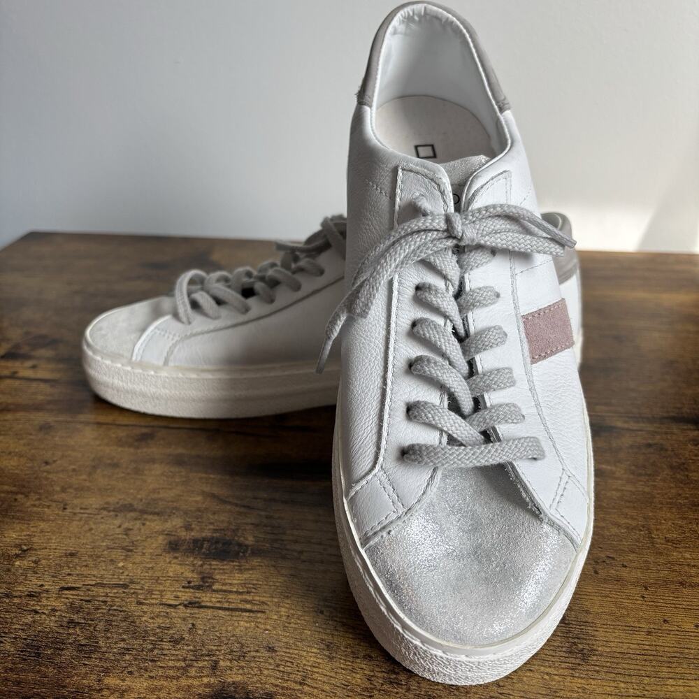 D.A.T.E Hill Low‎ Vintage Calf Womens Sneakers 6.5 White Cream Pink Silver New